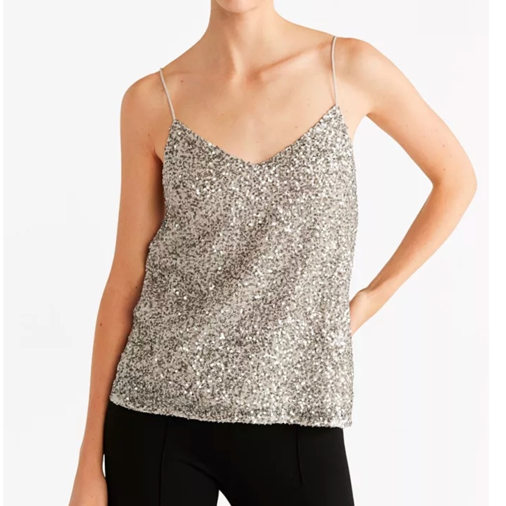 Mango Sequin V Neck Cami Tank Spagetti Strap Lined Sparkly Chic Top Size XS / 2